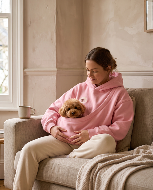 Woman wearing pink pet-sling hoodie with toy poodle